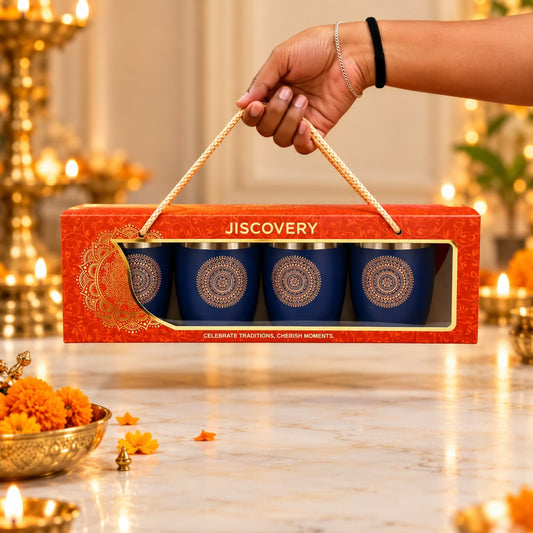 Diwali Gifting Box Stainless Steel Round Glasses Set Of 4 With Box (Blue Color)