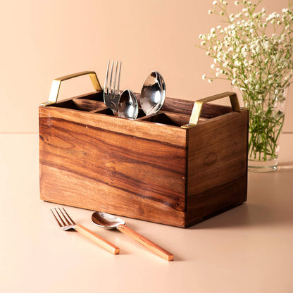 JISCOVERY Wooden Cutlery Stand with Gold handles