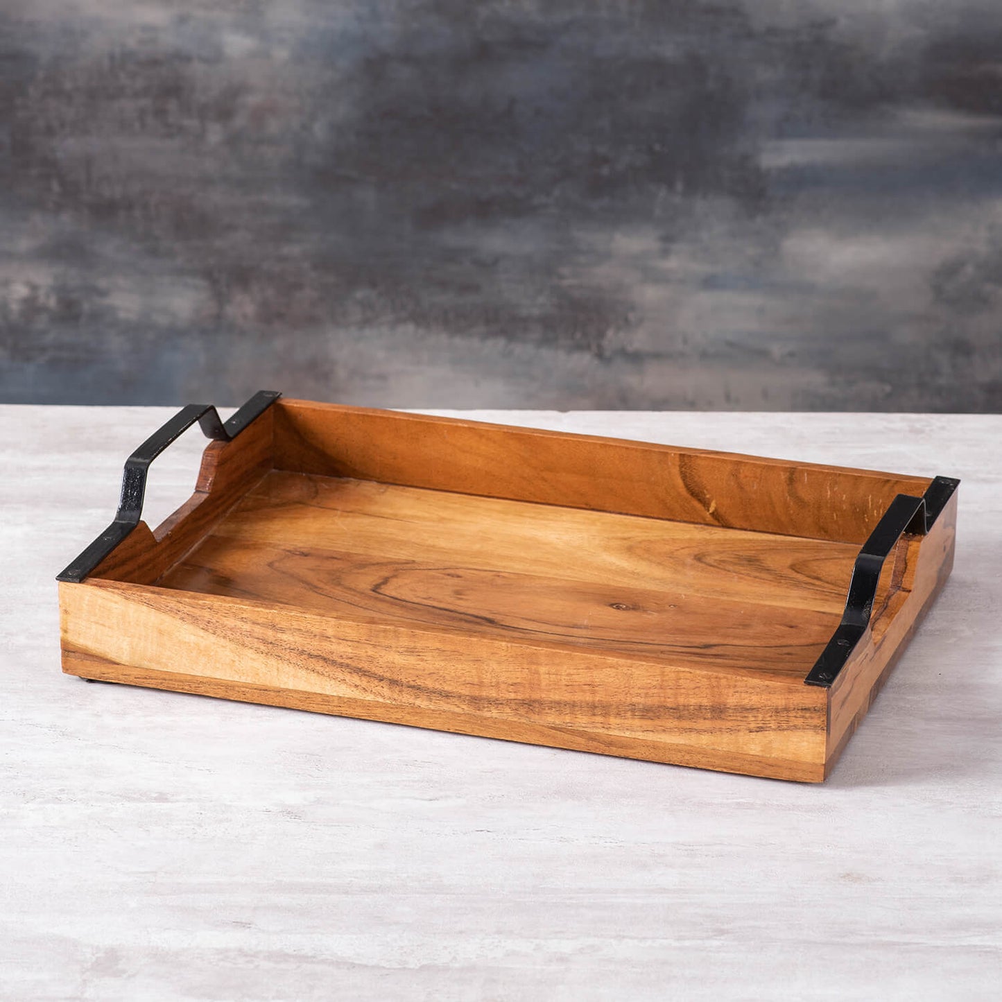 JISCOVERY Acacia Wood Serving Tray with Black Iron Handles| Rectangular Snacks Serving Platter Tray| Eco-Friendly| Multi-Purpose Decorative Tray| Size- 35x25x5 CM