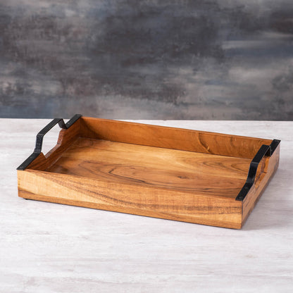 JISCOVERY Wooden Serving Tray with Black Iron Handles