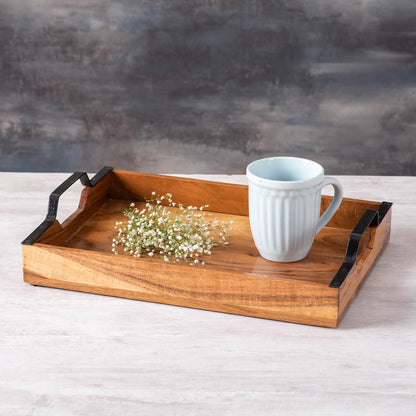JISCOVERY Wooden Serving Tray with Black Iron Handles
