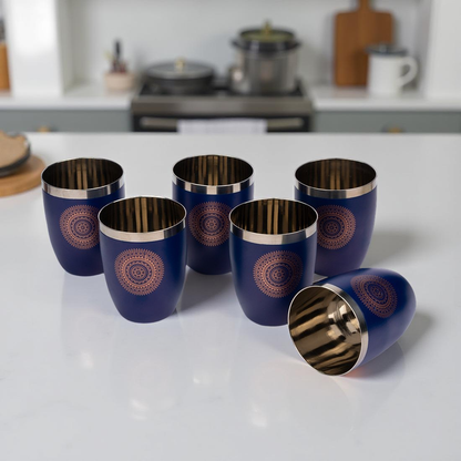 JISCOVERY Stainless Steel Printed Round Glasses Set of 6 Lotus shape Blue Color
