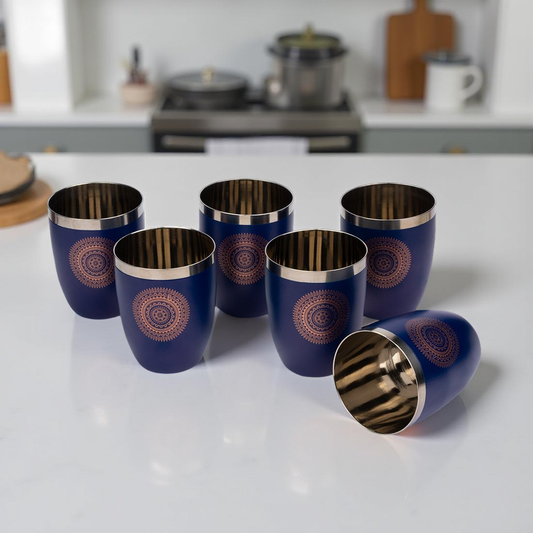 JISCOVERY Stainless Steel Printed Round Glasses Set of 6 Lotus shape Blue Color