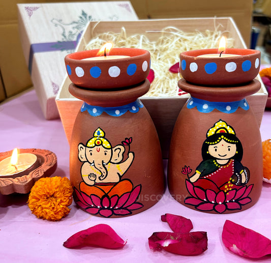 Terracotta Handpainted Divinity Lakshmi Ganesha Tealight Holder Set of 2