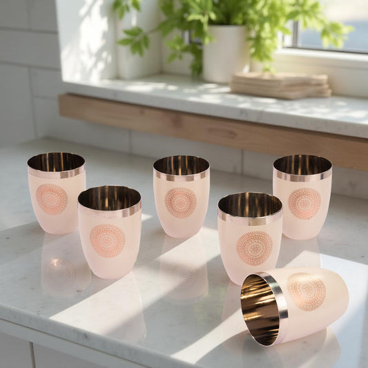 JISCOVERY Stainless Steel Printed Round Glasses Set of 6 Lotus Shape Coffee Brown Color