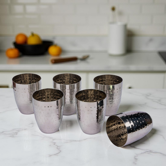 JISCOVERY Stainless Steel Round Glasses Set of 6| Glass for Water, Lassi, Milk & Juice| Glass Tumbler| Daily Use Water Drinking Glass| Hammered Design Glass| Silver| Capacity- 350 ML (Copy)