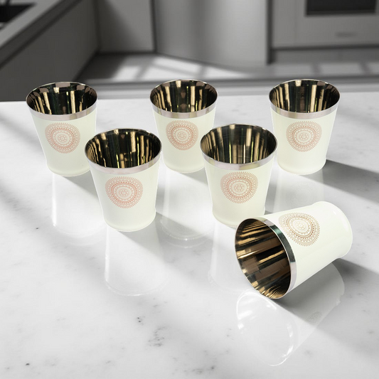 JISCOVERY Stainless Steel Printed Glasses Set of 6 Bucket shape Beige color