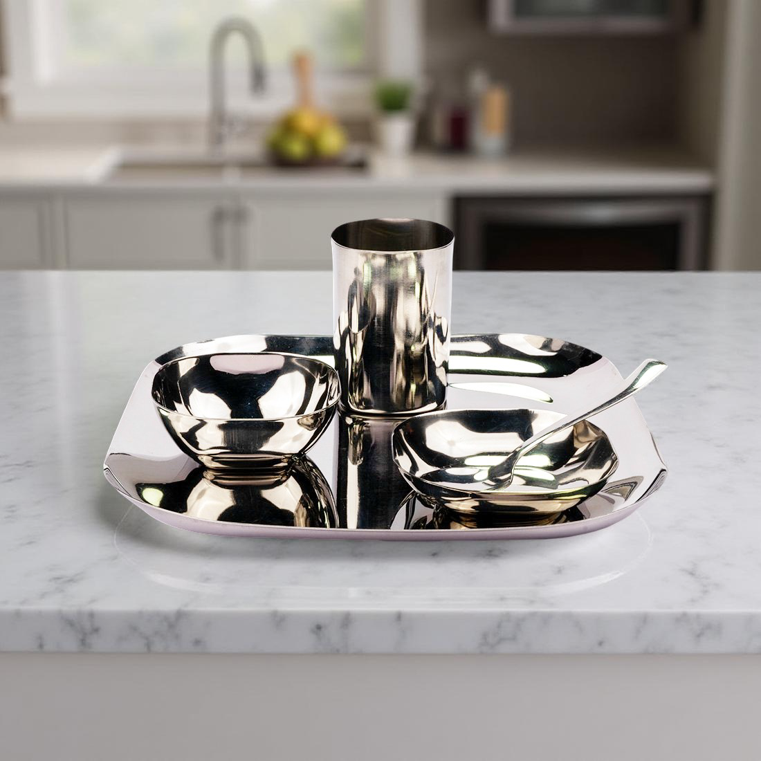 Thali Photo Square Square Stainless Steel Dinner Thali Set 6 Pcs Online – Jiscovery