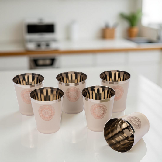 JISCOVERY Stainless Steel Printed Glasses Set of 6 Bucket shape Coffee brown color