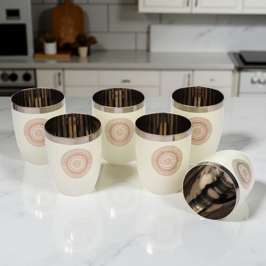 JISCOVERY Stainless Steel Printed Round Glasses Set of 6 Lotus Shape Beige Color